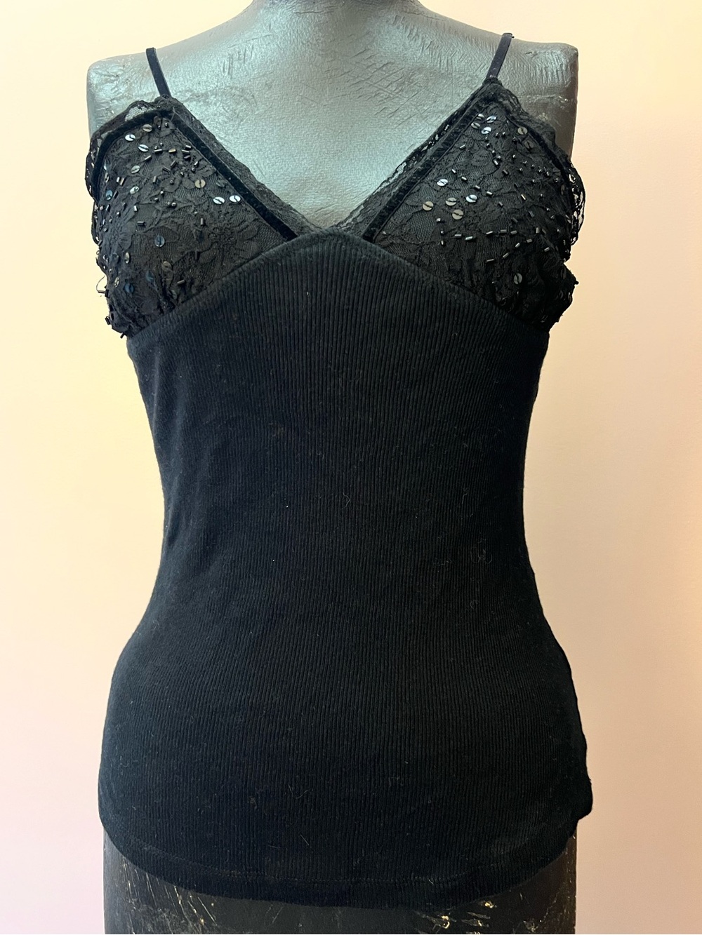 Y2K Black Lace Beaded Bust Camisole w/ Velvet Straps Size Small Hollister